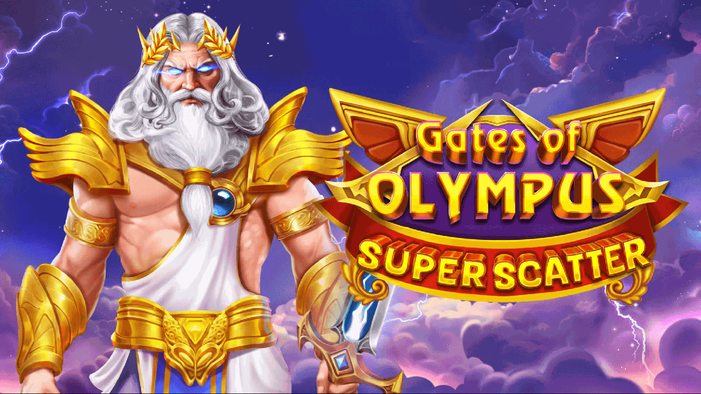 Zeus thront über rosa-violetten Olymp-Wolken, umgeben von leuchtenden Edelstein-Symbolen und goldenen 5X/50X-Münzen des Slots Gates of Olympus SUPER SCATTER
